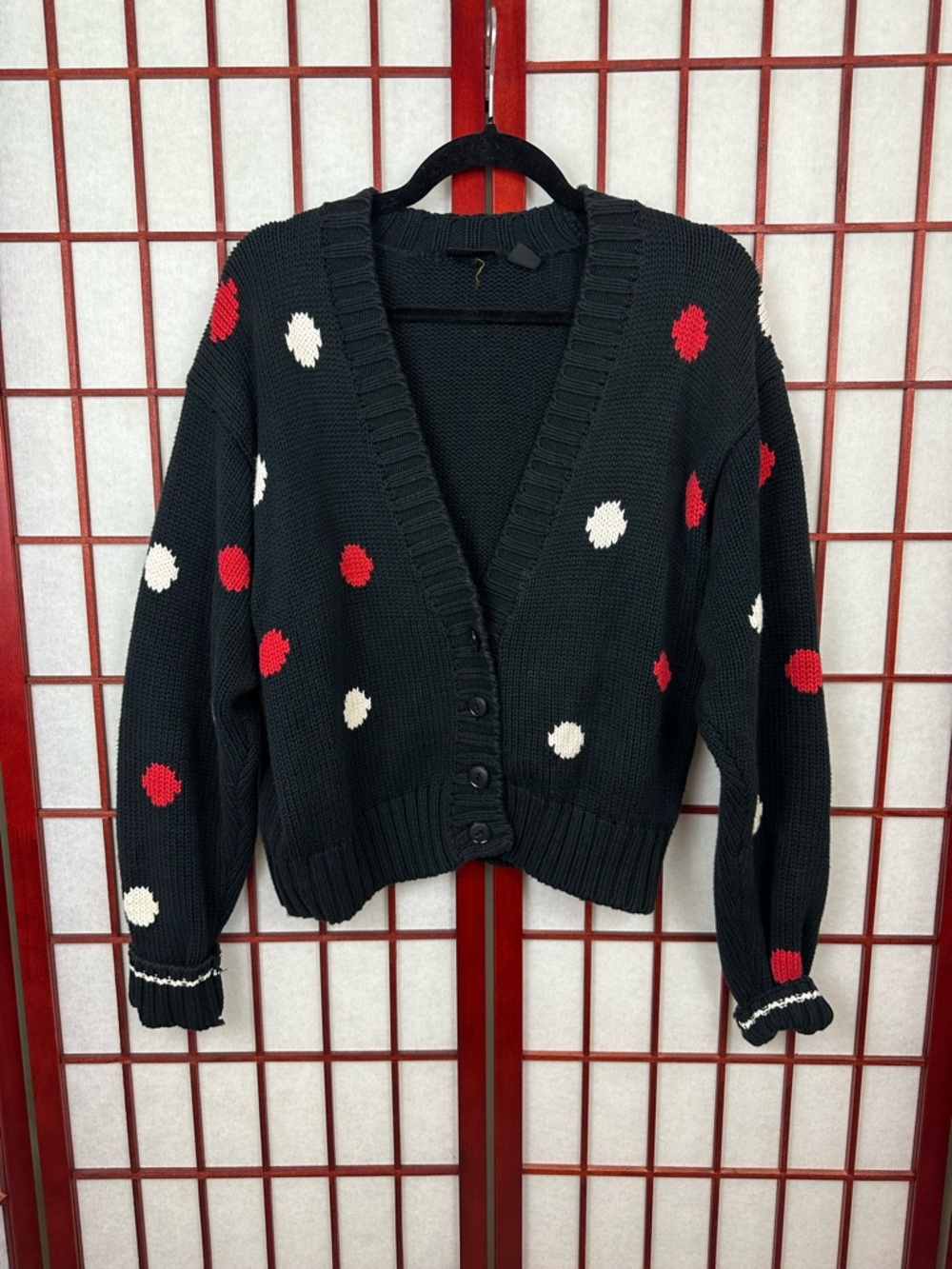 Vintage LizSport Black Red and White Polka Dot Twee Cozy Knit Cardigan Sweater